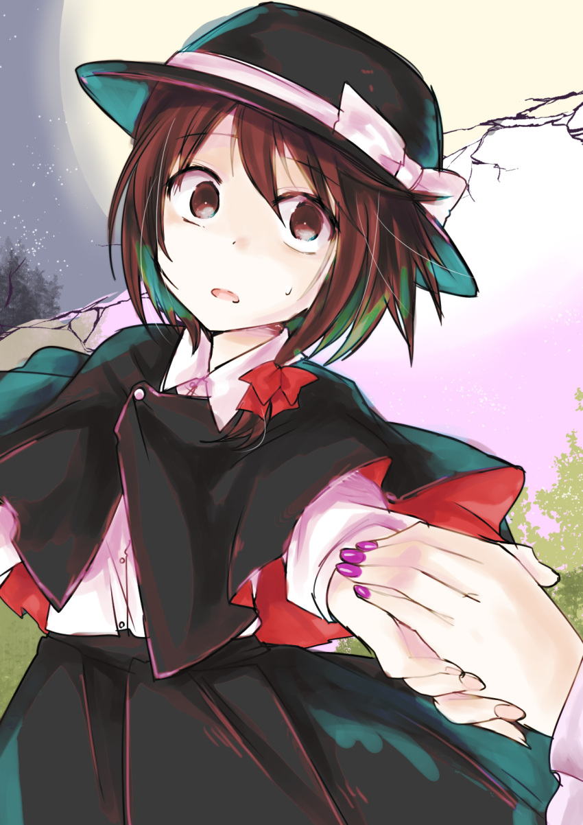 2girls brown_eyes brown_hair capelet confused full_moon gap hat highres holding_hands moon multiple_girls nail_polish night out_of_frame outstretched_hand short_hair skirt solo_focus sweatdrop touhou usami_renko wide-eyed