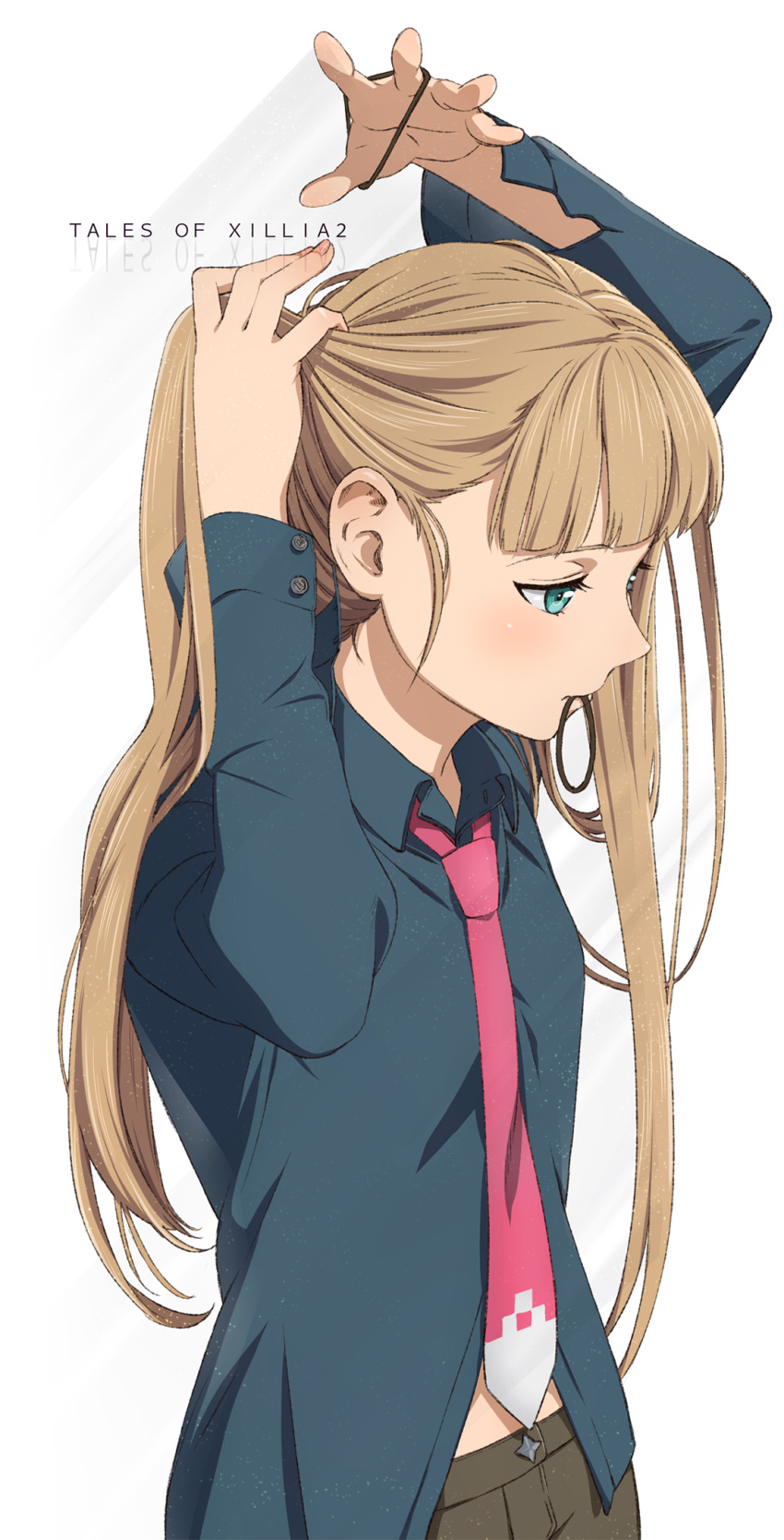 1girl adjusting_hair arm_up blush brown_hair copyright_name elle_mel_martha green_eyes hair_tie hand_in_hair highres kaisen long_sleeves mouth_hold necktie number older shirt solo tales_of_(series) tales_of_xillia tales_of_xillia_2 tying_hair white_background wing_collar