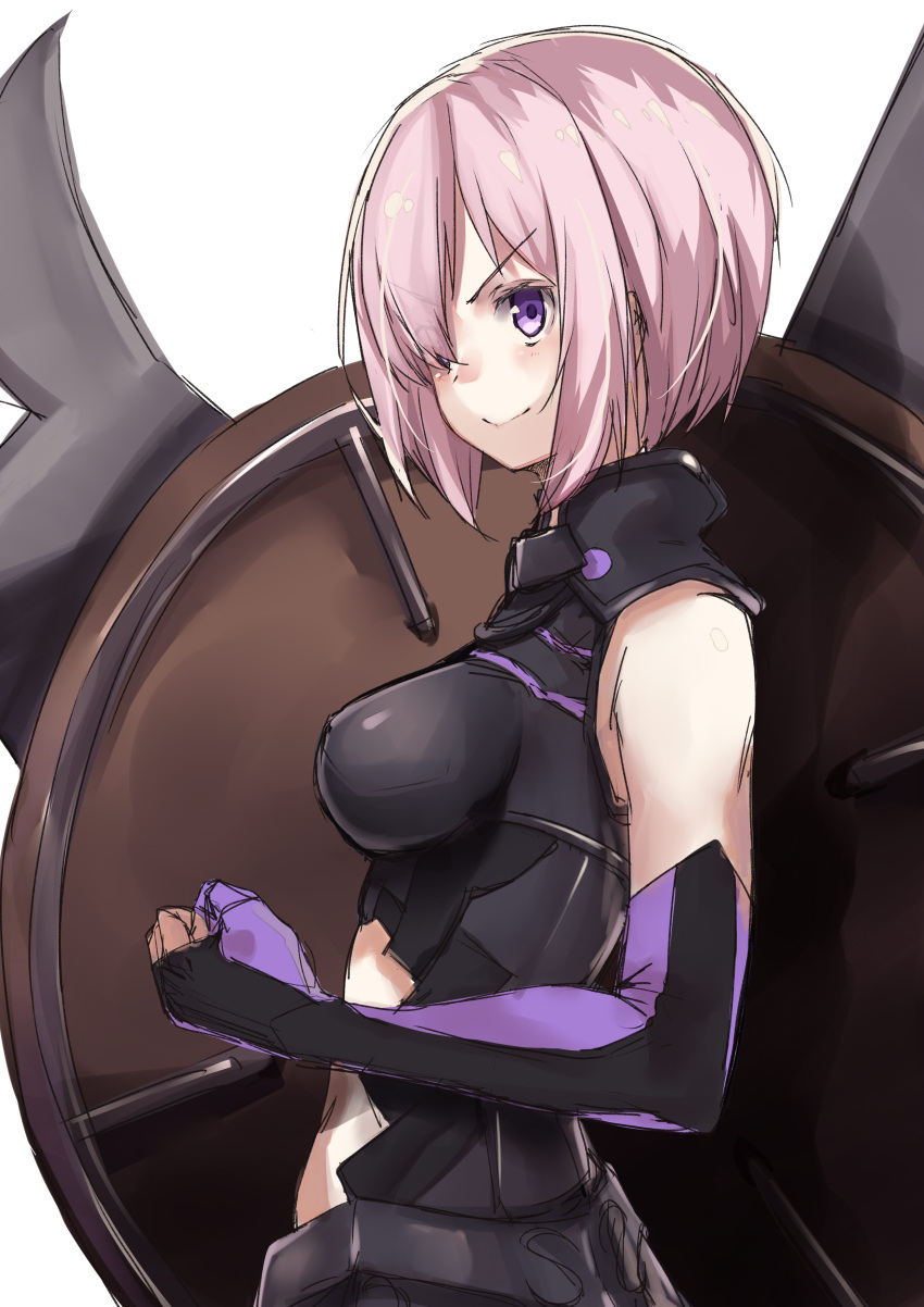 1girl absurdres armor breasts elbow_gloves fate/grand_order fate_(series) gloves hair_over_one_eye highres purple_hair shield shielder_(fate/grand_order) short_hair simple_background smile solo violet_eyes wachiroku_(masakiegawa86) white_background