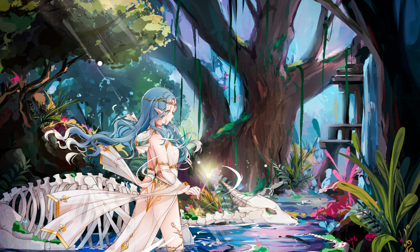 1girl ass blue_eyes blue_hair building circlet crystal detached_sleeves dress forest from_side glowing hatsune_miku hnanati long_hair nature outdoors overgrown plant pointy_ears profile see-through shawl skeleton solo stairs sunlight swamp tree vines vocaloid wading walking water waterfall wavy_hair white_dress