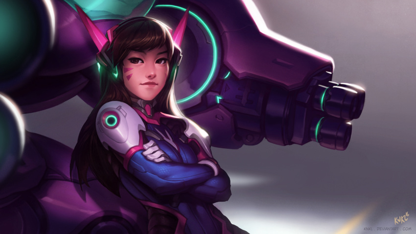1girl artist_name backlighting bangs bodysuit breasts brown_eyes brown_hair crossed_arms d.va_(overwatch) facial_mark gloves grey_background headphones highres kienan_lafferty leaning_on_object light_smile lips long_hair looking_at_viewer meka_(overwatch) nose overwatch pilot_suit signature small_breasts smug solo swept_bangs upper_body watermark web_address whisker_markings white_gloves