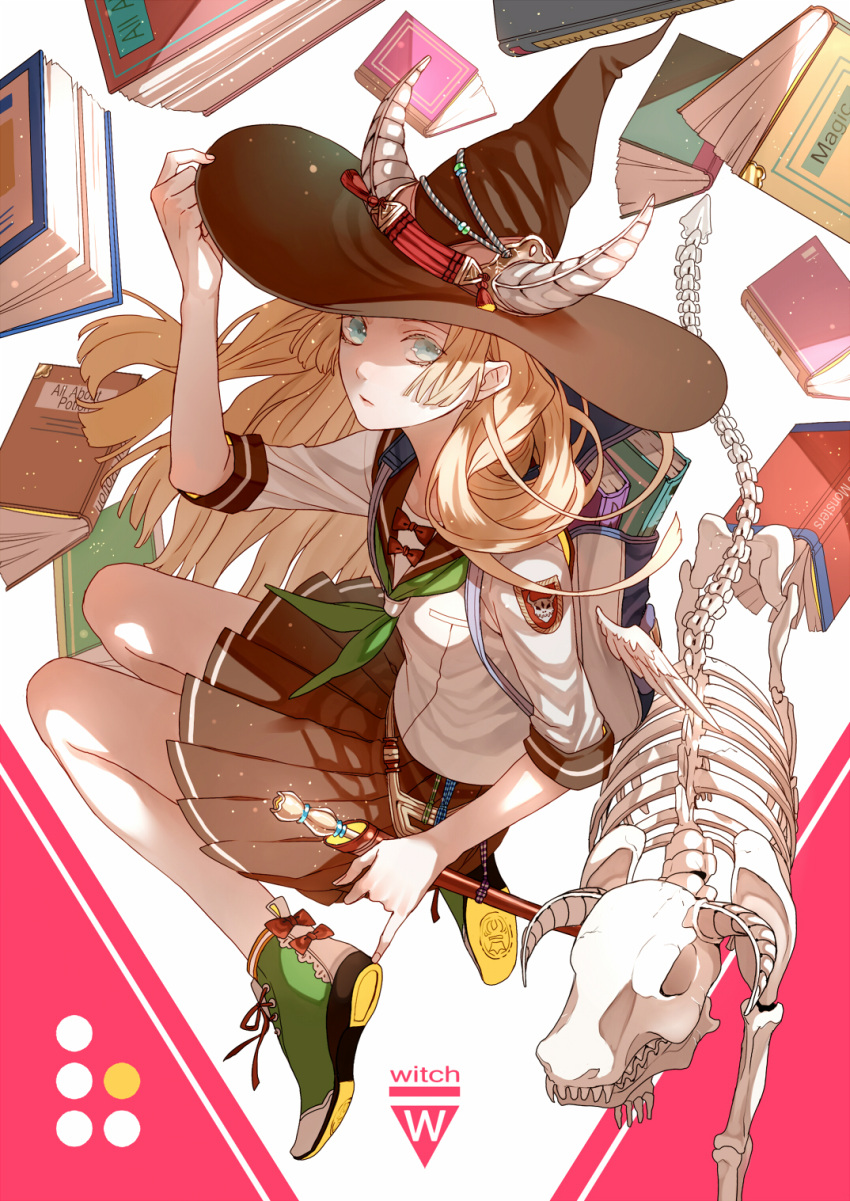 1girl backpack bag blonde_hair blue_eyes book bow brown_skirt closed_mouth emblem english expressionless green_shoes hand_on_headwear hat highres horns long_hair original pinky_out pleated_skirt red_bow school_uniform serafuku shirt shoes short_sleeves skeleton skirt solo uryoko very_long_hair white_background white_shirt white_wings wings witch witch_hat