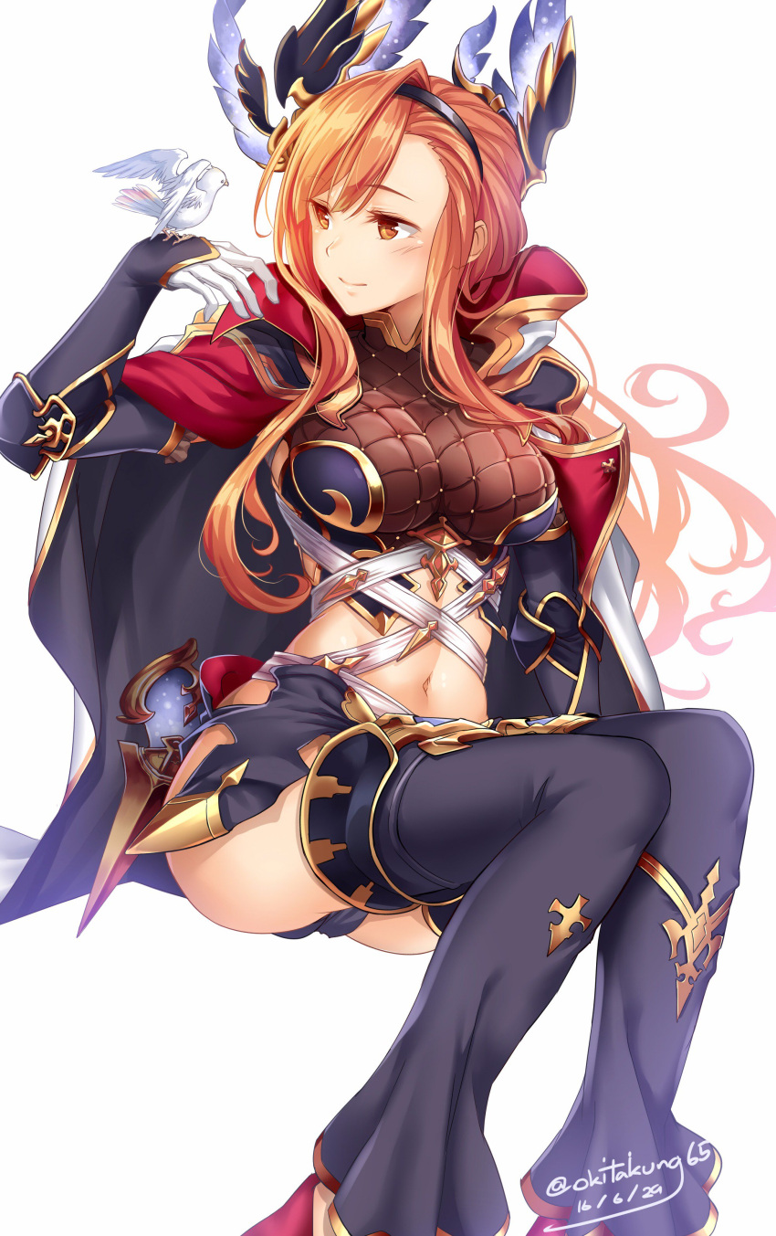 1girl absurdres bird breasts dated gloves granblue_fantasy head_wings highres navel okitakung orange_eyes orange_hair simple_background solo song_(granblue_fantasy) thigh-highs