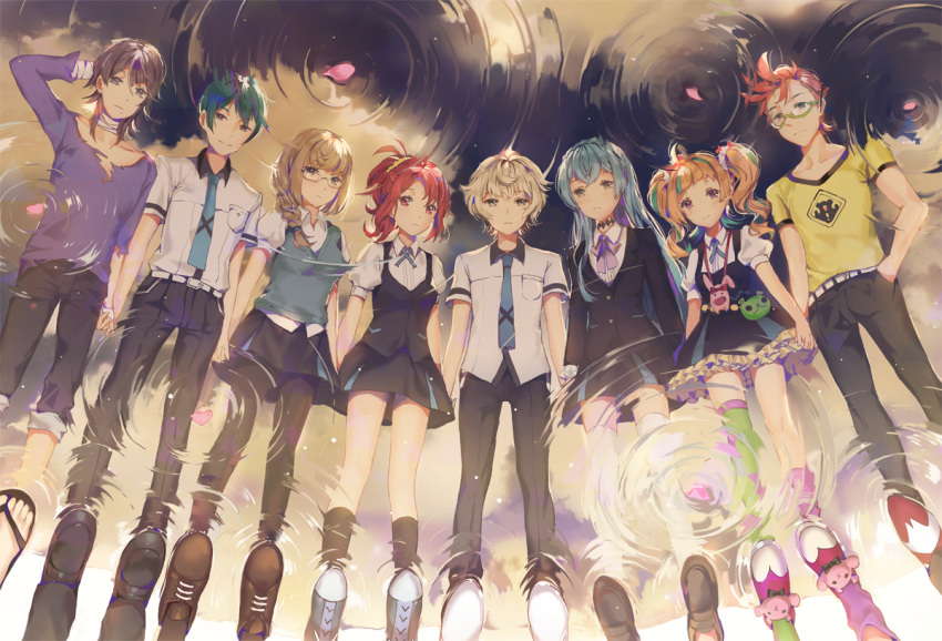 4boys 4girls agata_katsuhira ahoge arm_at_side arm_up bag bandaged_neck bandages bangs belt_pouch black_bow black_jacket black_legwear black_pants black_shoes black_skirt black_vest blazer blouse blue_eyes blue_hair blue_necktie blue_ribbon bow braid breasts brown_eyes brown_hair brown_shoes buttons closed_mouth clouds collarbone collared_shirt dangmill dress dress_shirt expressionless eyebrows eyebrows_visible_through_hair flip-flops frilled_skirt frills glasses green-framed_eyewear green_hair green_legwear hair_between_eyes hair_bow hair_ornament hair_over_shoulder hair_scrunchie hand_in_pocket hand_on_own_head hisomu_yoshiharu holding_hands jacket jitome kiznaiver kneehighs legs_apart light_brown_hair light_frown light_particles lineup loafers long_hair long_sleeves looking_at_viewer looking_down maki_honoka medium_breasts miniskirt multicolored_hair multiple_boys multiple_girls neck_ribbon necktie niyama_nico orange_hair out_of_frame pants pants_rolled_up pantyhose petals pink_hair pleated_skirt pocket ponytail print_shirt puffy_short_sleeves puffy_sleeves purple_hair purple_legwear purple_ribbon purple_shirt red_eyes redhead reflection ribbon ripples sandals school_uniform scrunchie semi-rimless_glasses shade shirt shoes short_sleeves side-by-side single_braid single_kneehigh single_thighhigh skirt smile sneakers sonozaki_noriko standing star_(sky) streaked_hair stuffed_animal stuffed_bunny stuffed_toy sweater_vest t-shirt takashiro_chidori tenga_hajime thigh-highs torn_clothes torn_shirt twintails under-rim_glasses upside-down upskirt very_long_hair vest violet_eyes white_blouse white_hair white_legwear white_shirt white_shoes yellow_shirt yuta_tsuguhito