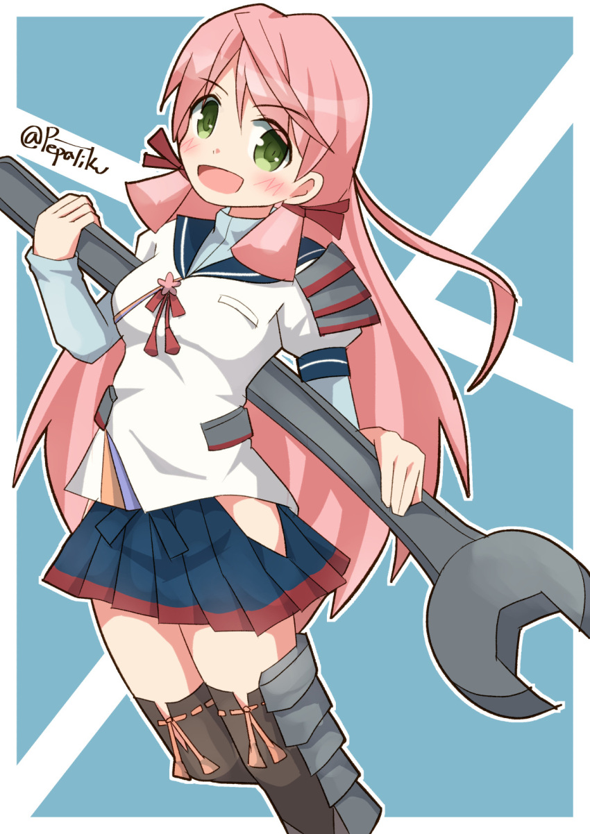 1girl akashi_(kantai_collection) blue_skirt blush breasts commentary_request green_eyes hair_ribbon highres hip_vent kantai_collection long_hair long_sleeves looking_at_viewer open_mouth oversized_object pepatiku pink_hair pleated_skirt ribbon school_uniform serafuku skirt smile solo thigh-highs tress_ribbon twintails wrench