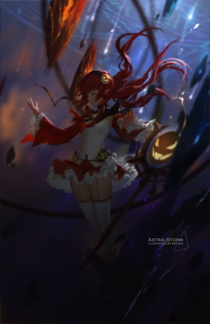 1girl blurry closed_eyes commentary_request depth_of_field detached_sleeves dungeon_and_fighter garter_straps highres long_hair mage_(dungeon_and_fighter) magic_circle meteor redhead solo staff swd3e2 white_legwear