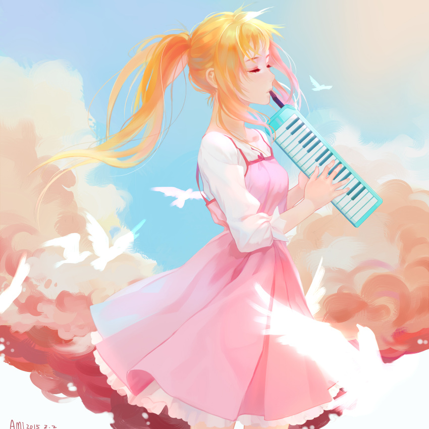1girl 2015 a_mi_(milu904371339) absurdres alternate_hairstyle artist_name bird blonde_hair closed_eyes clouds dated dress from_side highres holding instrument keyboard_(instrument) long_hair melodica miyazono_kawori number pink_dress playing_instrument ponytail profile shigatsu_wa_kimi_no_uso shirt sky solo spaghetti_strap white_shirt wind