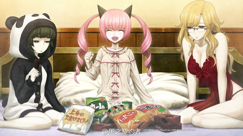 3girls ^_^ animal_costume animal_ears bed black_hair blonde_hair breasts brown_eyes cat_ears cleavage closed_eyes collarbone faris_nyannyan food glasses green_eyes highres hiyajou_maho huke indoors kiryuu_moeka kneeling lingerie long_hair multiple_girls negligee official_art open_mouth panda_costume pillow pink_hair smile steins;gate_zero twintails underwear