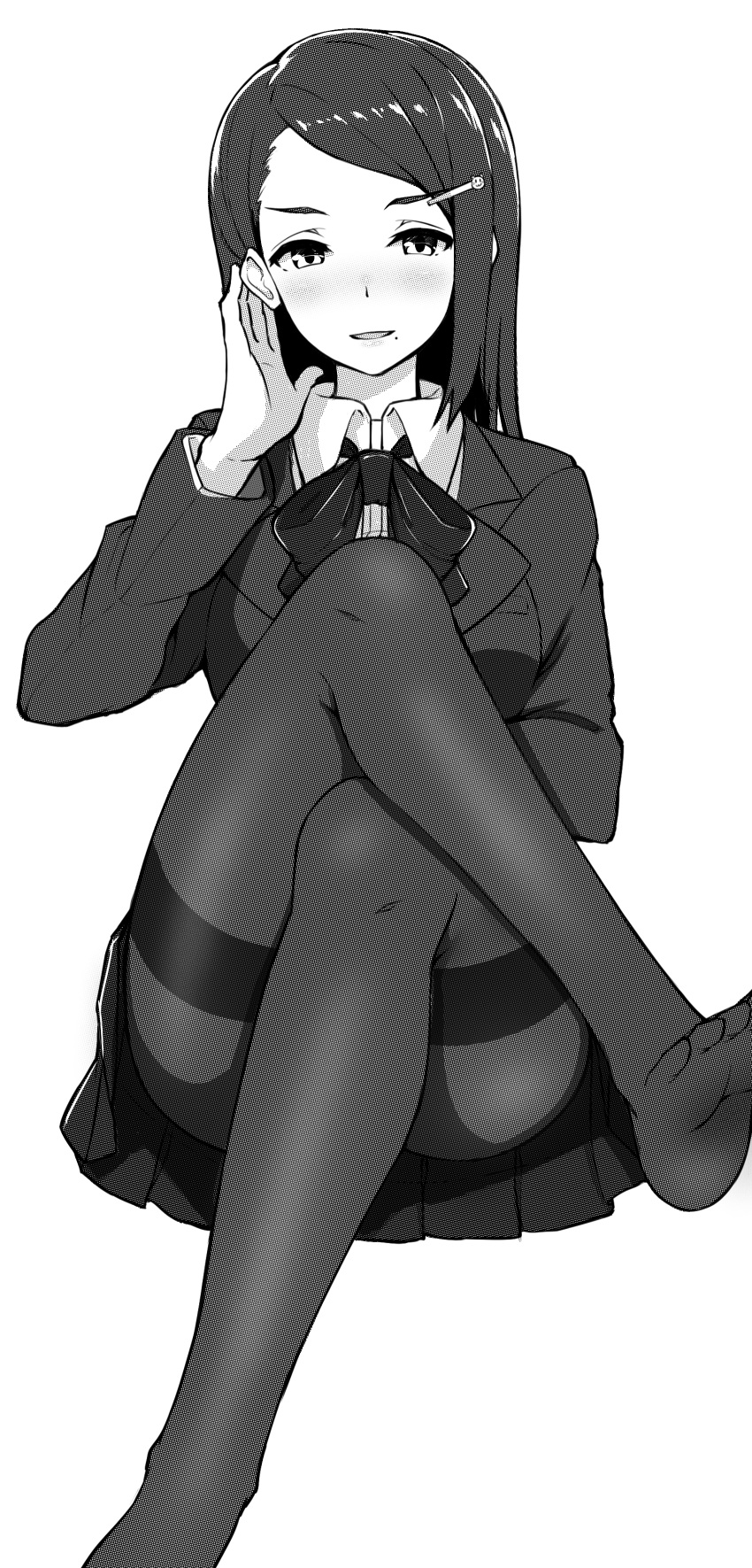 1girl absurdres blazer blush cat_hair_ornament convenient_leg crossed_legs feet hair_ornament hairclip highres jacket mole mole_under_mouth monochrome no_shoes open_mouth pantyhose pleated_skirt school_uniform simple_background sitting skirt smile solo sukebewe thighband_pantyhose upskirt white_background