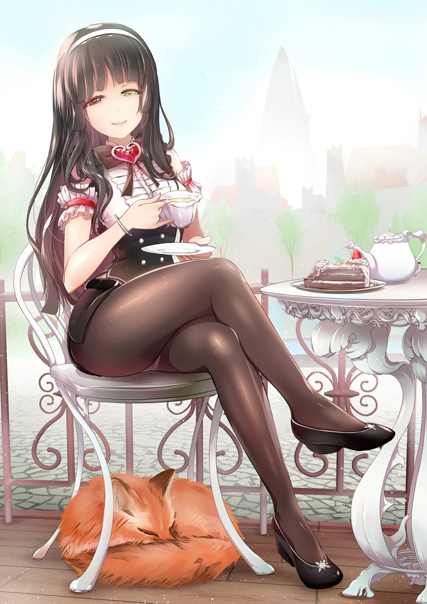1girl animal arm_garter bangs belt black_bow black_bowtie black_hair black_shoes black_skirt blue_sky blunt_bangs bow bowtie bracelet brooch brown_legwear building cake center_frills closed_eyes closed_mouth corset cream crossed_legs cup double-breasted drink elsword fence food fox frills full_body gem hairband heterochromia highres holding holding_cup jewelry liquid looking_at_viewer outdoors panties panties_under_pantyhose pantyhose pantyshot pantyshot_(sitting) pencil_skirt plant plate red_eyes ruby_(stone) saucer servati shoes sitting skirt sky sleeping smile solo table tea teacup teapot town tree underwear white_panties wooden_floor yellow_eyes