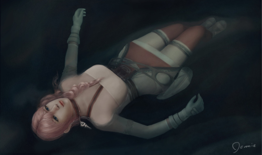 1girl armlet bluelenses final_fantasy final_fantasy_xiii final_fantasy_xiii-2 floating gloves highres jewelry miniskirt necklace partially_submerged pink_hair serah_farron side_ponytail skirt solo square_enix thigh-highs water zettai_ryouiki