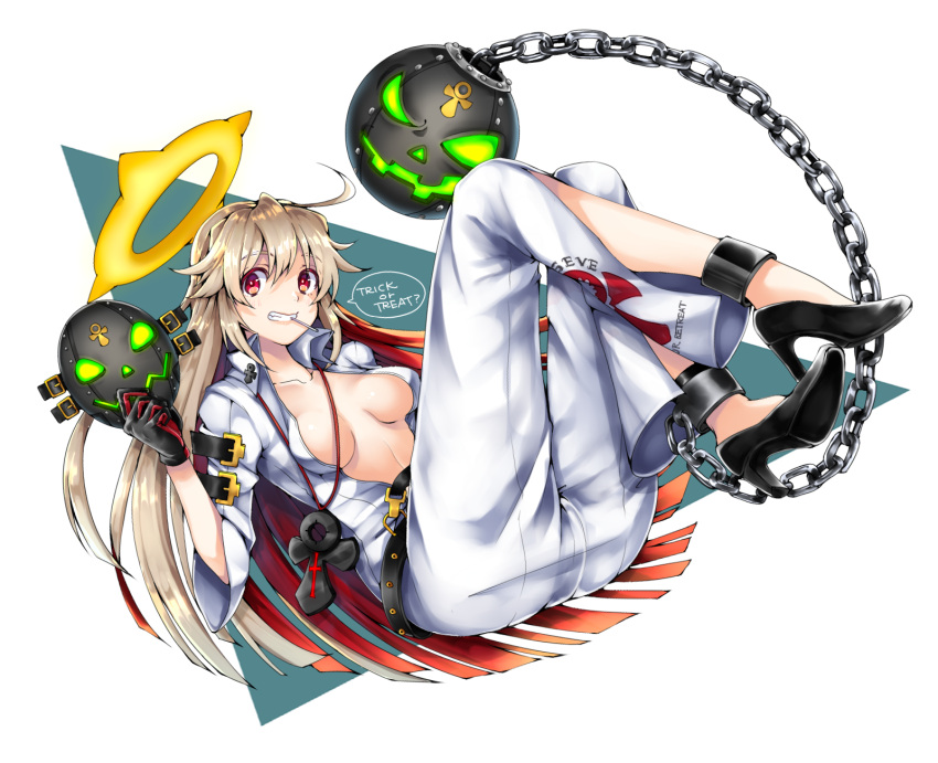 13_(spice!!) 1girl ball_and_chain_restraint breasts candy full_body guilty_gear guilty_gear_xrd halo high_heels highres jack-o_(guilty_gear) lollipop long_hair mask mask_removed medium_breasts multicolored_hair open_clothes open_shirt reclining red_eyes shirt solo teeth trick_or_treat two-tone_hair white_hair