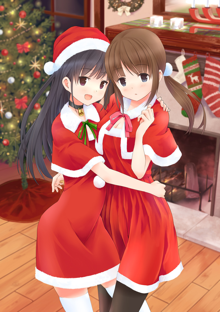 2girls :d absurdres bell bell_choker black_hair black_legwear blue_eyes blurry breasts brown_hair candle capelet choker christmas christmas_stocking christmas_tree cleavage depth_of_field dress fireplace fur_trim hand_on_another's_shoulder hat head_tilt highres hug long_hair multiple_girls okiru open_mouth original pantyhose pom_pom_(clothes) red_dress santa_costume santa_hat smile standing thigh-highs twintails violet_eyes white_legwear window wooden_floor wreath