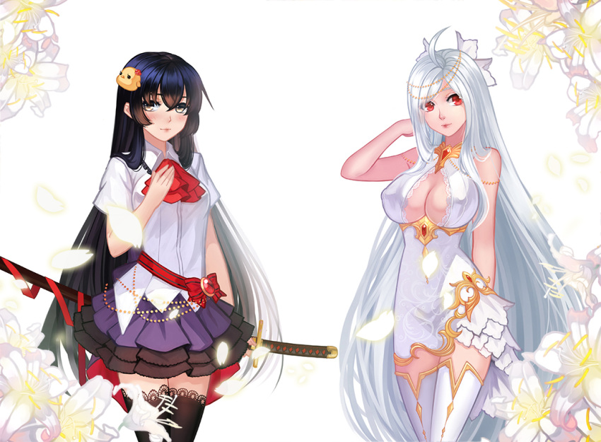 2girls ahoge arms_behind_back bird_hair_ornament black_hair black_legwear blush breasts cleavage closed_mouth collared_shirt cowboy_shot douyougen dress floral_background flower grey_hair hair_ornament hand_on_own_chest head_tilt katana lace lace-trimmed_thighhighs lily_(flower) long_hair multiple_girls original red_eyes red_ribbon ribbon sheath sheathed shirt short_sleeves sword thigh-highs very_long_hair weapon white_background white_dress white_legwear white_shirt wing_collar yellow_eyes