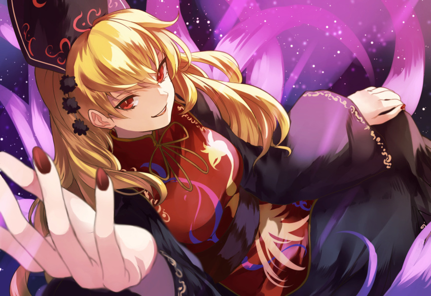 1girl bangs black_dress blonde_hair chinese_clothes dress eredhen from_above hair_between_eyes hand_on_leg hat junko_(touhou) long_hair long_sleeves looking_at_viewer multicolored_background nail_polish outstretched_arm red_eyes ribbon sash slit_pupils smile solo space tabard touhou wavy_hair wide_sleeves