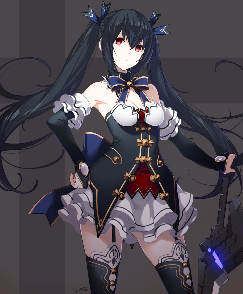1girl bare_shoulders black_hair black_legwear breasts cleavage detached_sleeves dress garter_straps hand_on_hip highres holding holding_sword holding_weapon kagetomo_midori looking_at_viewer neptune_(series) noire red_eyes shin_jigen_game_neptune_vii short_dress solo sword thigh-highs twintails underbust weapon
