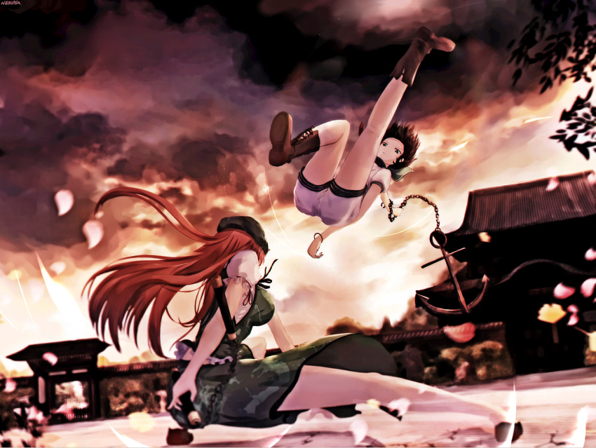2girls action anchor architecture bent_knees beret black_hair braid breasts chinese_clothes clouds cloudy_sky commentary_request dragon dragon_print dyolf east_asian_architecture eastern_dragon fighting flying_kick from_behind hat hong_meiling kicking leg_lift long_hair looking_at_another multiple_girls murasa_minamitsu nunchaku outdoors outstretched_leg puffy_short_sleeves puffy_sleeves redhead sailor sailor_collar sailor_hat shirt short_sleeves shorts side_slit skirt skirt_set sky temple touhou twin_braids weapon white_shirt white_shorts