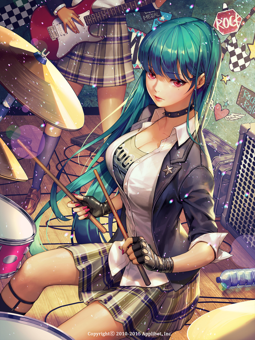 1girl 2010 2015 aqua_hair black_gloves black_legwear breasts brown_shoes cleavage closed_mouth clothes_writing collar collarbone collared_shirt company_name dress_shirt drum drum_set electric_guitar english fingerless_gloves furyou_michi_~gang_road~ gloves green_hair guitar heart highres holding instrument kneehighs lens_flare loafers long_hair medium_breasts number plaid plaid_skirt pleated_skirt red_eyes shirt shoes sitting skirt solo_focus soo_kyung_oh speaker spiked_collar spikes standing very_long_hair watermark wing_collar wooden_floor