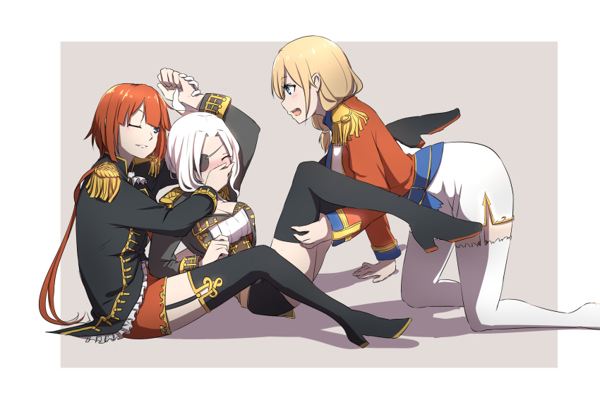 3girls absurdres all_fours black_legwear blonde_hair blue_eyes boots covering_mouth epaulettes eyepatch frills from_side garter_straps highres long_hair lulu_heika military_jacket miniskirt multiple_girls nelson_(zhan_jian_shao_nyu) one_eye_closed parted_lips profile redhead rodney_(zhan_jian_shao_nyu) sitting skirt thigh-highs thigh_boots very_long_hair white_hair white_legwear wrist_grab zhan_jian_shao_nyu