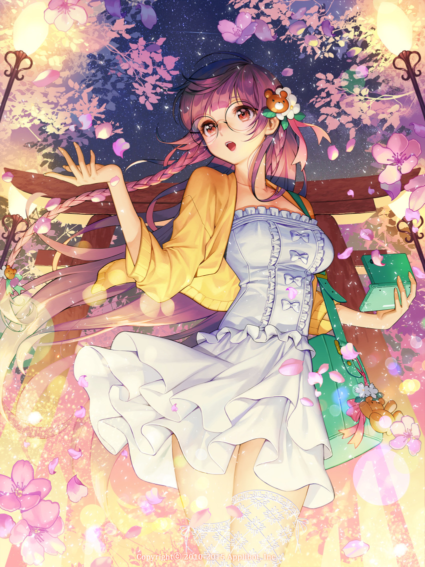 1girl 2010 2015 aqua_ribbon bag braid breasts cardigan collarbone company_name english flower furyou_michi_~gang_road~ hair_flower hair_ornament hair_ribbon handbag handheld_game_console highres holding lamppost lens_flare long_hair night night_sky nintendo_ds number open_cardigan open_clothes open_mouth outdoors purple_hair ribbon shirt side_braid skirt sky sleeveless sleeveless_shirt solo soo_kyung_oh sparkle standing star_(sky) starry_sky teddy_bear_hair_ornament thigh-highs torii twin_braids very_long_hair watermark white_legwear white_shirt white_skirt wind