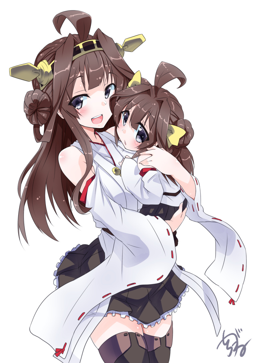 2girls ahoge bare_shoulders blue_eyes blush breasts brown_hair carrying chestnut_mouth cleavage collarbone detached_sleeves double_bun dual_persona eyebrows eyebrows_visible_through_hair hair_between_eyes hairband highres japanese_clothes kantai_collection kongou_(kantai_collection) long_hair looking_at_viewer miniskirt multiple_girls nontraditional_miko open_mouth shirogane_(cufsser) signature simple_background skirt tareme thigh-highs white_background wide_sleeves younger zettai_ryouiki