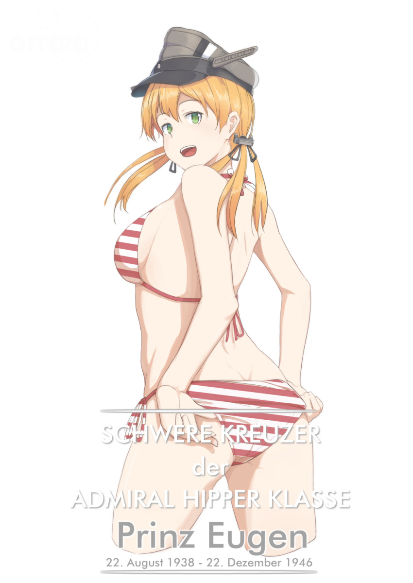 1girl :d alternate_costume ass back bikini blonde_hair breasts butt_crack commentary_request cowboy_shot cropped_legs ears german green_eyes hair_ornament hairclip hat highres kantai_collection looking_back open_mouth osterei prinz_eugen_(kantai_collection) sideboob simple_background smile solo striped striped_bikini swimsuit translated twintails white_background