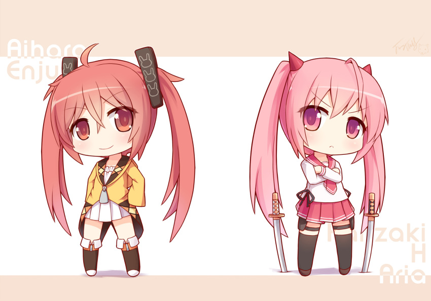 2girls aihara_enju black_bullet chibi color_connection hair_color_connection hidan_no_aria highres kanzaki_h_aria langbazi long_hair multiple_girls pink_hair red_eyes school_uniform thigh-highs trait_connection twintails zettai_ryouiki