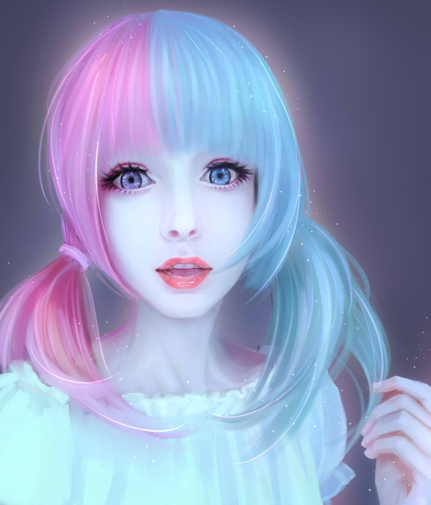 1girl anzujaamu bangs blue_eyes blue_hair blunt_bangs glowing hair_tie hands heterochromia highres koarai lips lipstick low_twintails makeup mouth multicolored_hair nose original photo_reference pink_hair pink_lipstick portrait puffy_short_sleeves puffy_sleeves short_sleeves simple_background smile solo sparkle teeth tongue twintails two-tone_hair upper_body violet_eyes white_skin