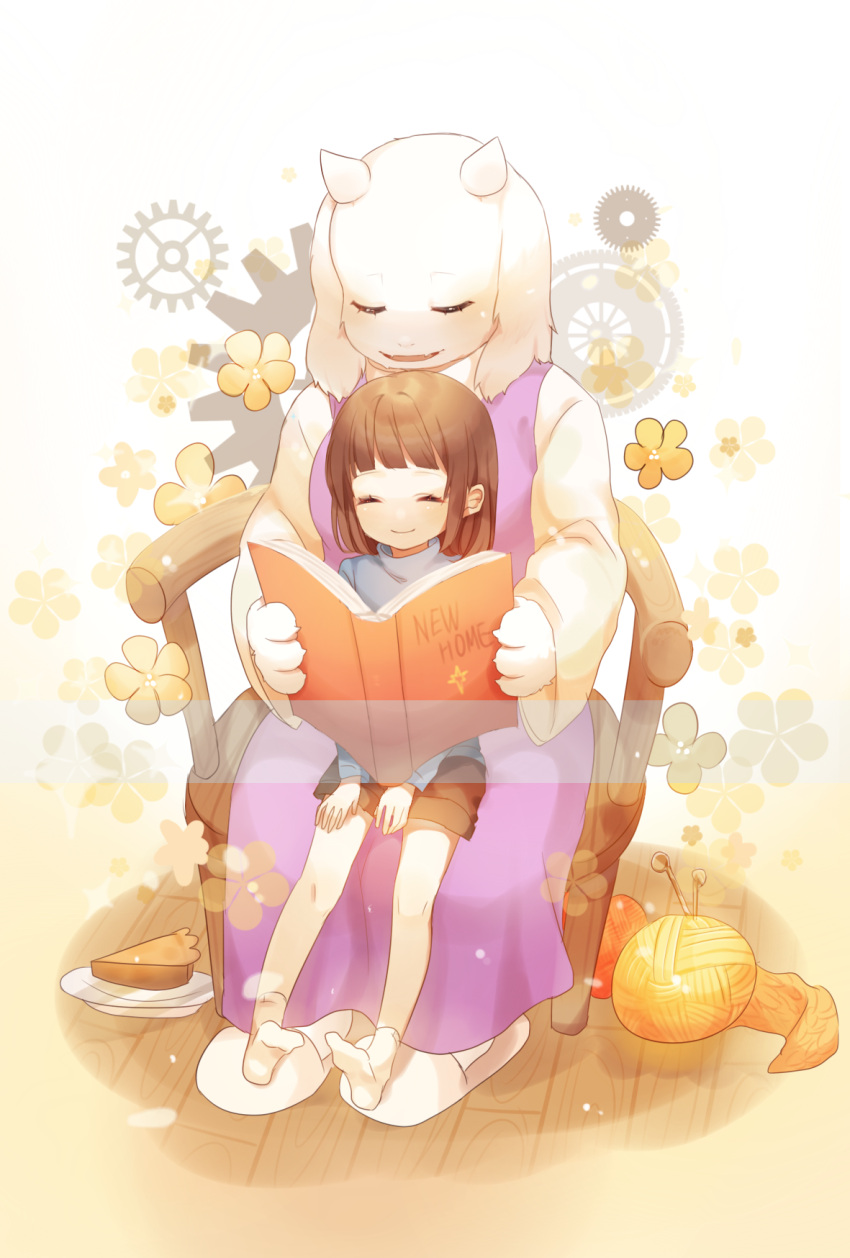 2girls ^_^ blue_shirt book brown_hair brown_shorts chair closed_eyes closed_mouth creature english fangs flower frisk_(undertale) full_body gears highres holding holding_book horns knitting_needle long_sleeves moffle_(2019) multiple_girls needle open_book pie plate shirt shorts sitting sitting_on_lap sitting_on_person smile socks toriel undertale white_background white_legwear wooden_floor yarnball