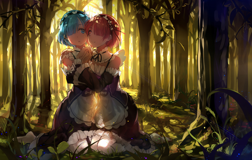 2girls :&lt; backlighting baisi_shaonian black_dress black_ribbon blue_eyes blue_hair bow breasts closed_mouth detached_sleeves dress forest grass hair_over_one_eye hair_ribbon hairband hand_on_another's_shoulder highres holding_hands interlocked_fingers kneeling lens_flare light_particles looking_at_another looking_at_viewer looking_to_the_side maid multiple_girls nature neck_ribbon no_shoes on_ground one_eye_covered outdoors pantyhose pink_hair ram_(re:zero) re:zero_kara_hajimeru_isekai_seikatsu red_eyes rem_(re:zero) ribbon ribbon_trim shade short_hair siblings sisters small_breasts smile tree tree_shade twins white_apron white_bow white_legwear x_hair_ornament