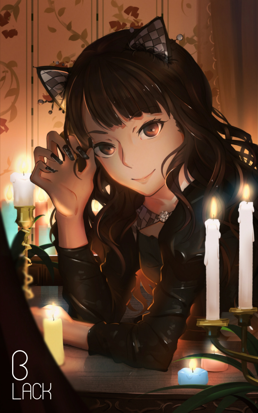 1girl absurdres animal_ears bangs black_nails brown_eyes brown_hair candle candlestand cat_ears checkered closed_mouth dress english fingernails head_tilt highres long_fingernails long_hair long_sleeves looking_at_viewer lu" mimori_suzuko nail_polish plant real_life smile solo wallpaper_(object) wavy_hair