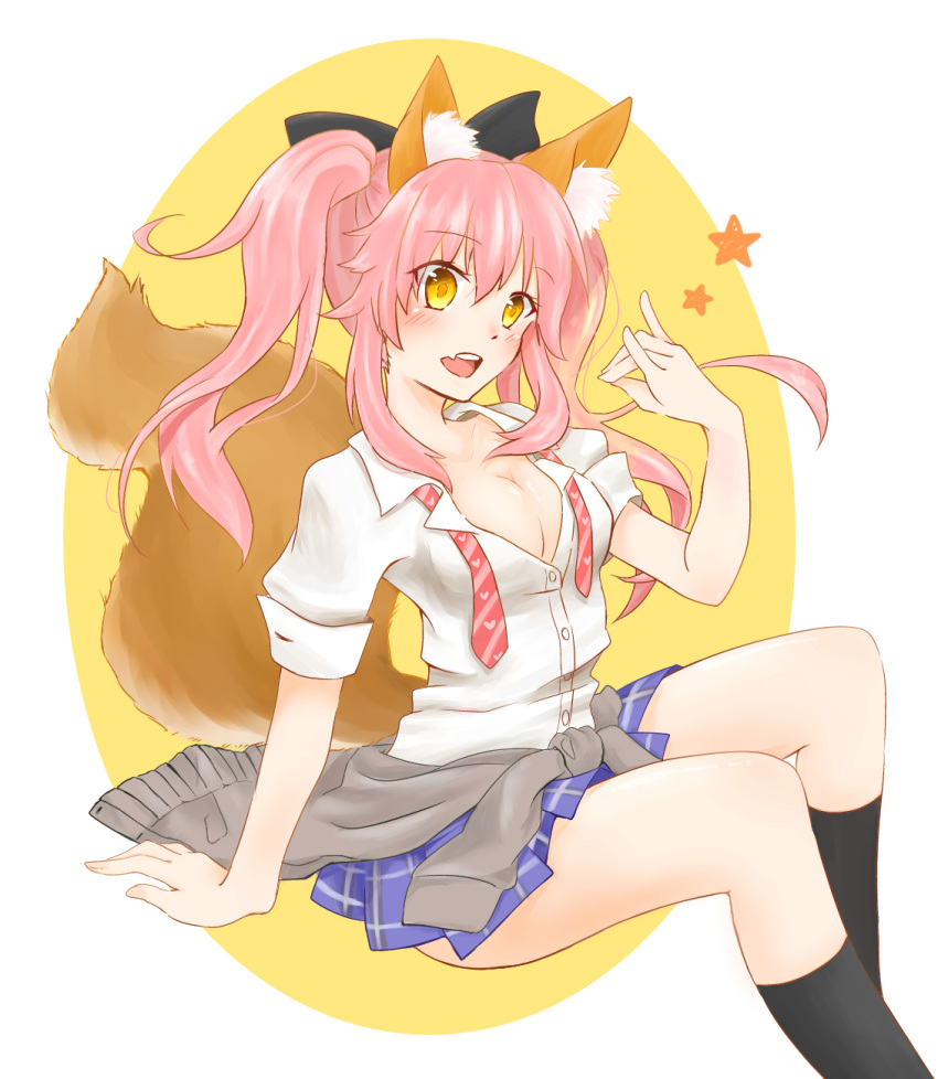 1girl alternate_costume alternate_hairstyle animal_ears black_legwear blush breasts caster_(fate/extra) cleavage fang fate/extella fate/extra fate_(series) fox_ears fox_tail highres large_breasts necktie open_clothes open_mouth open_shirt pink_hair school_uniform shirt solo tail twintails yellow_eyes