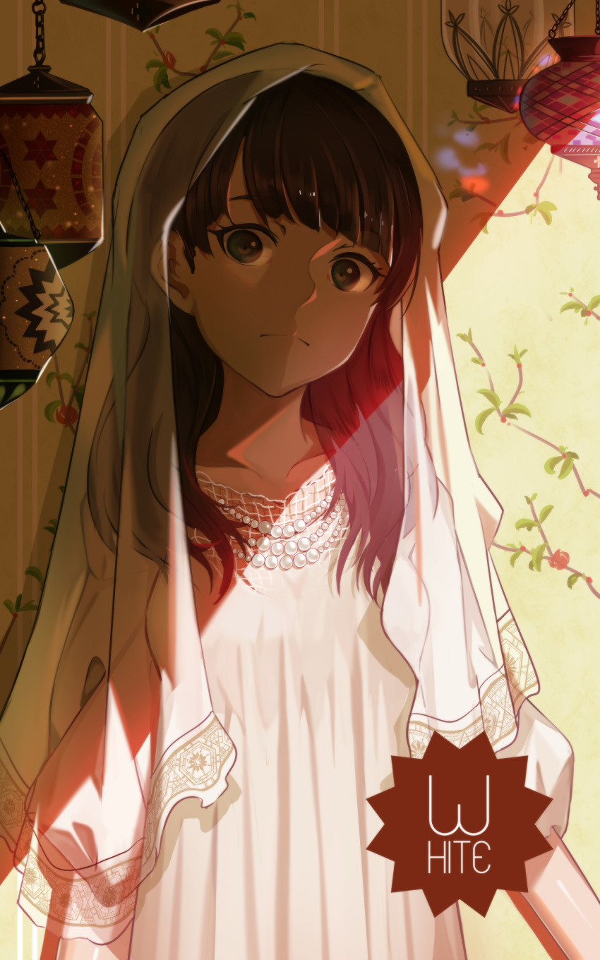 1girl absurdres bangs black_nails brown_eyes brown_hair closed_mouth collarbone dress english frown head_tilt highres jewelry long_hair looking_at_viewer lu" mimori_suzuko nail_polish necklace pearl_necklace real_life shade solo veil wallpaper_(object) wavy_hair white_dress