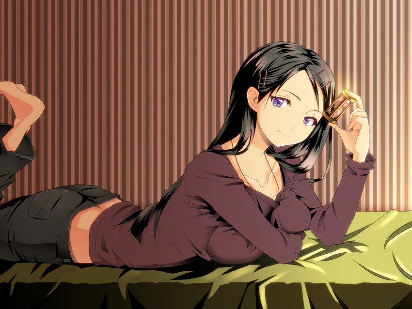 1girl artist_request barefoot bed bed_sheet black_hair black_pants breasts closed_mouth collarbone copyright_request highres holding horizontal-striped_background hourglass large_breasts legs_up long_hair long_sleeves looking_at_viewer lying on_bed on_stomach pants red_sweater smile soles solo striped striped_background sweater violet_eyes