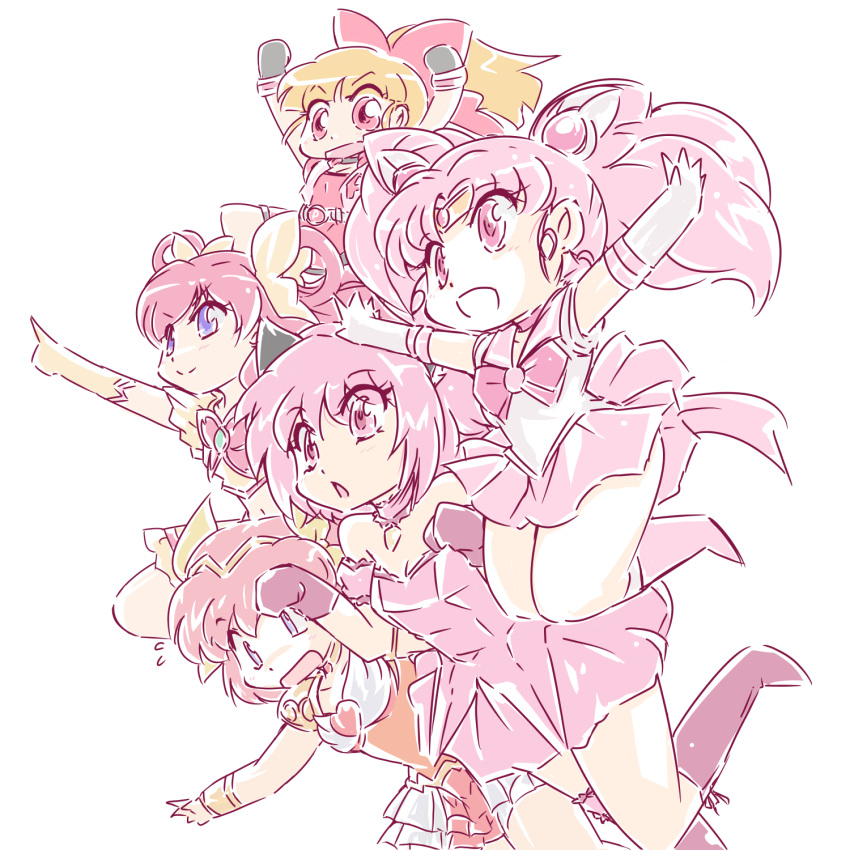 5girls :d :o angel_peach animal_ears arms_up bishoujo_senshi_sailor_moon black_gloves blonde_hair blossom_(ppg) blue_eyes boots bow brooch cat_ears chestnut_mouth chibi_usa choker color_connection crossover cure_dream double_bun elbow_gloves gloves hair_color_connection hair_ornament hair_rings hairpin hanasaki_momoko highres jewelry knee_boots long_hair magical_girl mew_ichigo momomiya_ichigo multiple_girls okuri_ookami open_mouth outstretched_arms paw_pose pink_boots pink_eyes pink_gloves pink_hair pink_skirt pleated_skirt pointing ponytail powerpuff_girls precure red_bow red_eyes sailor_chibi_moon sailor_collar short_hair sketch skirt smile spread_arms tiara tokyo_mew_mew twintails wedding_peach white_background white_gloves yellow_gloves yes!_precure_5 yumehara_nozomi