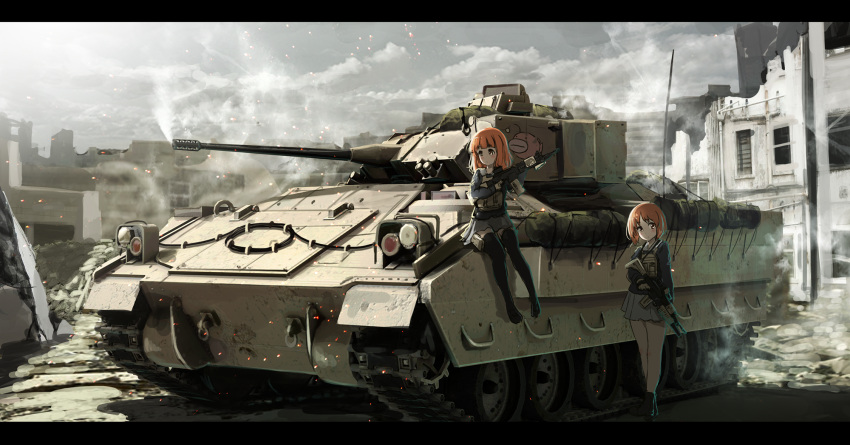 anglerfish armored_personnel_carrier armored_vehicle assault_rifle body_armor clouds girls_und_panzer grenade_launcher ground_vehicle gun highres laser_sight letterboxed load_bearing_vest m203 m2_bradley m4_carbine military nishizumi_miho oota_youjo plate_carrier rifle scope skirt takebe_saori thigh-highs underbarrel_grenade_launcher uniform weapon