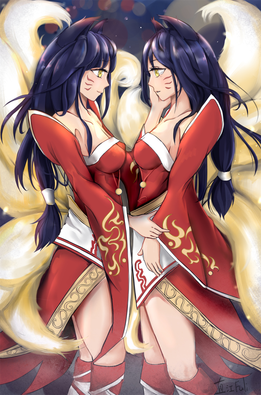 1girl ahri animal_ears bare_shoulders black_hair boots breasts cleavage collarbone detached_sleeves facial_mark fox_ears fox_tail from_side hand_on_another's_cheek hand_on_another's_face highres holding_hand japanese_clothes kimono knee_boots korean_clothes large_breasts league_of_legends lens_flare long_hair long_sleeves multiple_tails naoe_tasukuri profile red_boots sleeveless sleeveless_kimono slit_pupils standing tail tears whisker_markings yellow_eyes