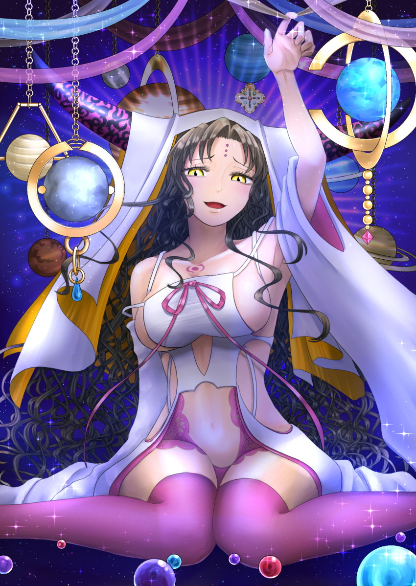 1girl bangs black_hair boots breasts chain chest_tattoo clothing_cutout commentary detached_sleeves dress facial_mark fate/grand_order fate_(series) forehead_mark forehead_tattoo hand_up highres horns large_breasts long_hair looking_at_viewer midriff navel open_mouth panties parted_bangs pink_garter_belt pink_legwear pink_panties pink_ribbon planet ribbon sesshouin_kiara sideboob sitting solo suisuiosakana3 tattoo thigh-highs thigh_boots underboob_cutout underwear veil very_long_hair wariza white_dress white_sleeves yellow_eyes