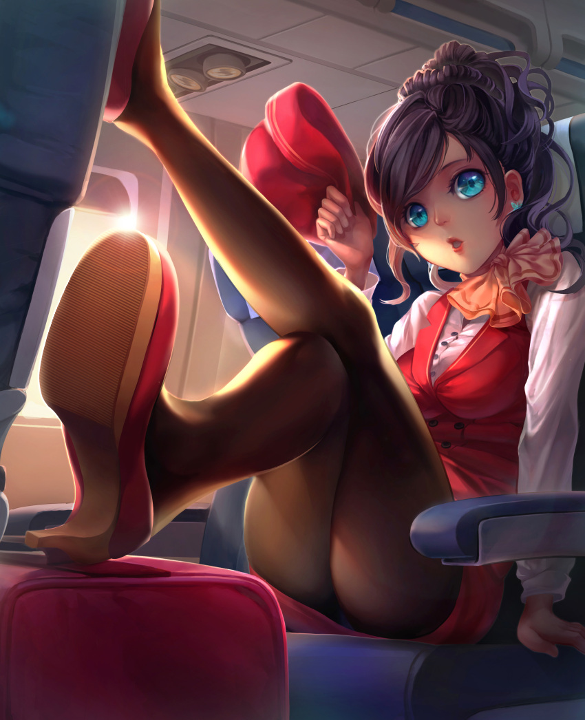 1girl :o absurdres airplane_interior ascot blue_eyes brown_hair brown_legwear butterfly_hair_ornament chiaku foreshortening hair_ornament hair_up hat hat_removed headwear_removed highres holding holding_hat legs_up lens_flare lipstick looking_at_viewer makeup original panties pantyhose pantyshot pantyshot_(sitting) pencil_skirt sitting skirt solo stewardess underwear uniform