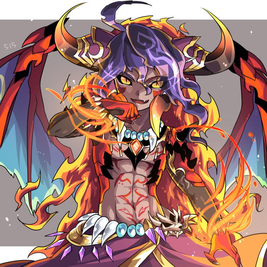 1boy abs ahoge belt black_sclera bracelet dark_skin dated demon demon_horns demon_wings fang fang_necklace fiery_hair fire highres horns jewelry kozakura_(dictionary) long_hair male_focus navel necklace open_mouth purple_hair puzzle_&amp;_dragons shaitan skull slit_pupils solo tattoo very_long_hair wings yellow_eyes
