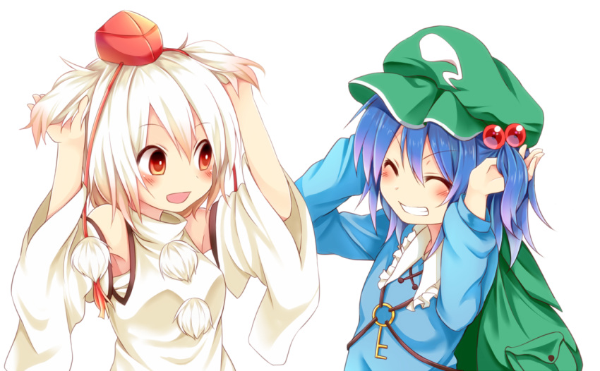 2girls :d animal_ears arms_up backpack bag blue_hair blush cabbie_hat chikuwa_savi closed_eyes detached_sleeves floppy_ears grin hair_bobbles hair_ornament hat holding_ears inubashiri_momiji kawashiro_nitori key long_sleeves multiple_girls open_mouth playing_with_own_hair pom_pom_(clothes) red_eyes smile teeth tokin_hat touhou two_side_up upper_body white_background white_hair wide_sleeves wolf_ears