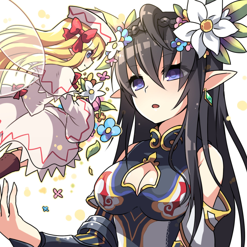 2girls ahoge bare_shoulders black_hair blue_eyes boots bow braid breasts cleavage cleavage_cutout crossover dress earrings eyes_visible_through_hair fairy_wings flower hair_bow hair_flower hair_ornament hat highres jewelry kozakura_(dictionary) lily_white long_hair medium_breasts multiple_girls persephone_(p&amp;d) pointy_ears puzzle_&amp;_dragons smile touhou violet_eyes white_background wings