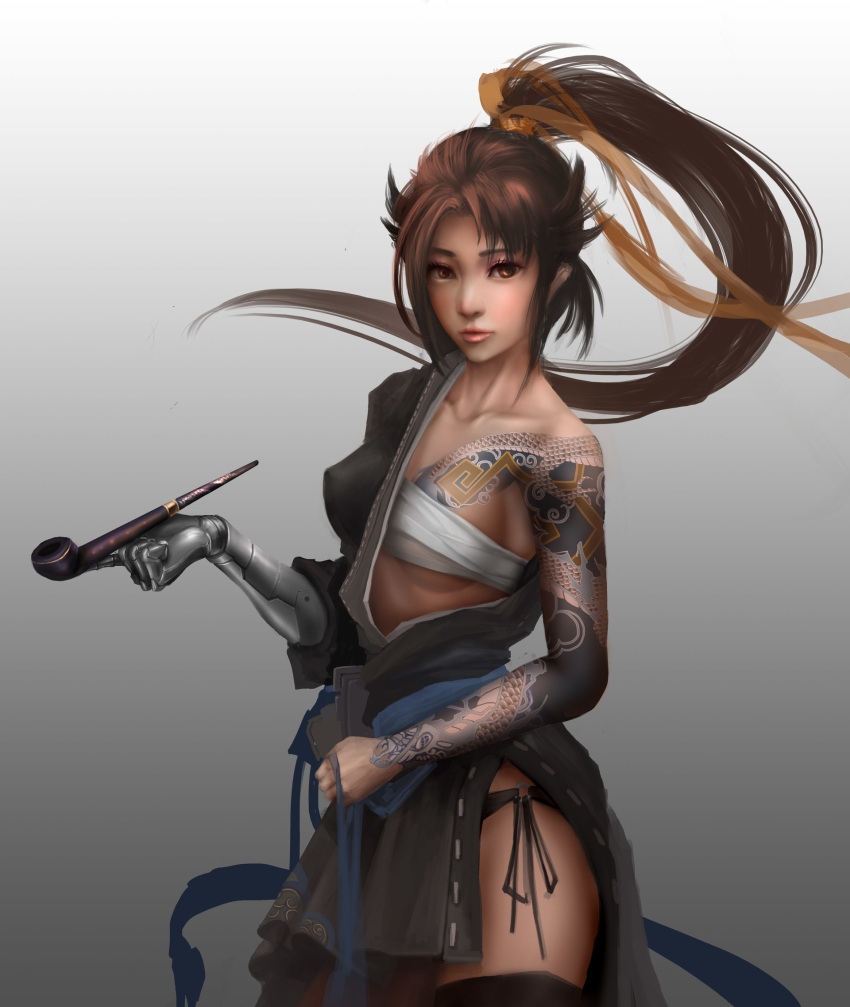 1girl arm_tattoo artist_request asymmetrical_clothes bare_shoulders belt black_hair black_legwear black_panties blue_ribbon breasts brown_eyes chinese collarbone contrapposto cowboy_shot dragon_tattoo eyelashes genderswap genderswap_(mtf) gradient gradient_background hair_ribbon hanzo_(overwatch) high_ponytail highres holding_pipe japanese_clothes lips long_hair looking_at_viewer mechanical_arm medium_breasts one_breast_out overwatch panties pipe ponytail ribbon sarashi side-tie_panties side_slit solo tattoo thigh-highs underwear yellow_ribbon