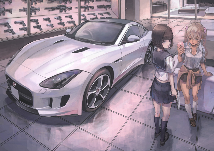 2girls :p ak-74 assault_rifle battle_rifle beretta_92 beretta_93r bipod blonde_hair breasts brown_hair bushmaster_acr cellphone cigarette cleavage clothes_around_waist g36 g36c garage glock grenade_launcher ground_vehicle gun handgun highres iphone jaguar_(car) jaguar_f-type kel-tec_ksg koh_(minagi_kou) m110_sass m14 m203 m4_carbine machine_pistol motor_vehicle multiple_girls original phone pistol revolver rifle school_uniform scope serafuku shotgun sig_p226 sig_sauer sig_sauer_p229 sig_sauer_p230 smartphone sniper_rifle sweater_around_waist tongue tongue_out trigger_discipline twintails underbarrel_grenade_launcher weapon weapon_request