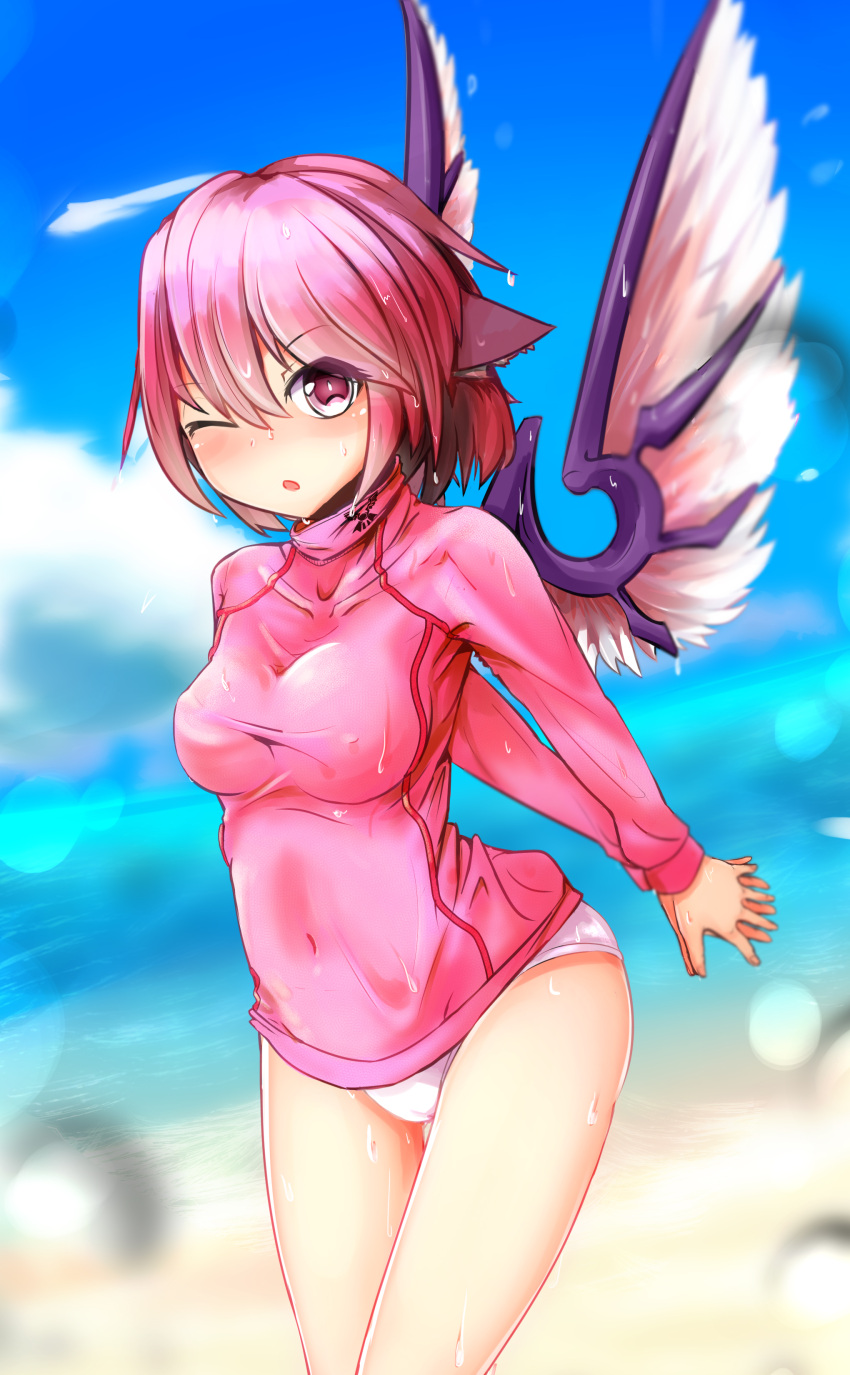 1girl absurdres beach bird_ears bird_wings covered_navel highres long_sleeves mystia_lorelei nama_shirasu no_hat one_eye_closed pink_eyes pink_hair solo swim_shirt swimsuit touhou white_swimsuit wings