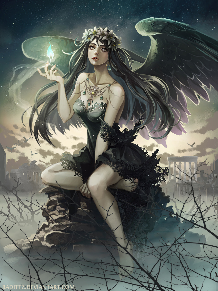 1girl artist_name bare_shoulders barefoot between_legs black_dress black_eyes black_hair black_wings blue_fire branch closed_mouth clouds column dress fire full_body hand_between_legs highres original outdoors pillar radittz realistic sitting sky sleeveless sleeveless_dress solo star_(sky) watermark web_address wings