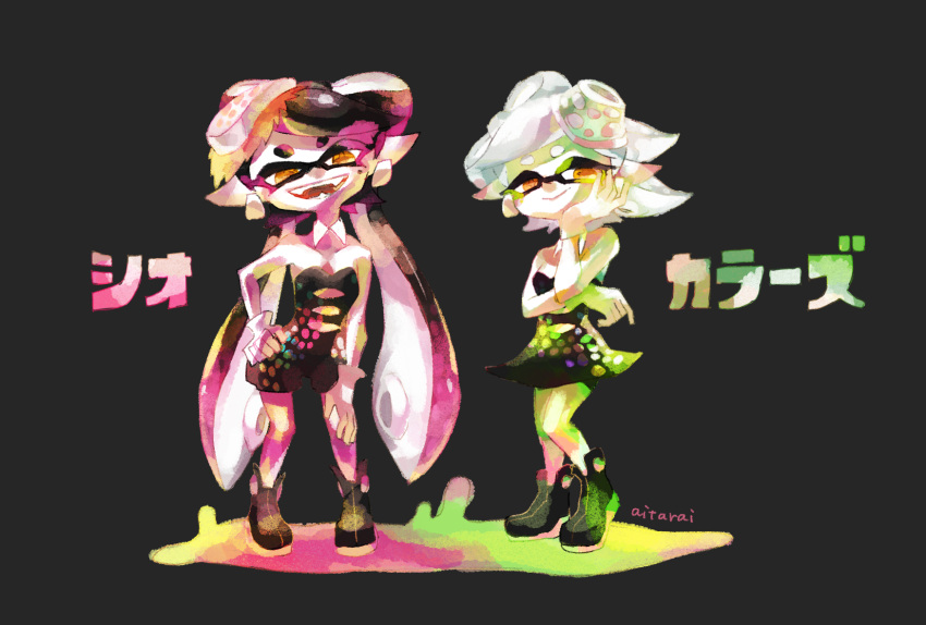 +_+ 2girls ankle_boots aori_(splatoon) artist_name black_background black_dress black_hair boots detached_collar domino_mask dress earrings fangs food food_on_head full_body gloves grey_hair hand_on_hip hand_on_own_cheek highres hotaru_(splatoon) jewelry long_hair looking_at_viewer mask mole mole_under_eye multiple_girls object_on_head open_mouth paint_splatter pointy_ears short_dress short_hair short_jumpsuit signature simple_background smile splatoon standing strapless strapless_dress tarai_(silica5) tentacle_hair translated