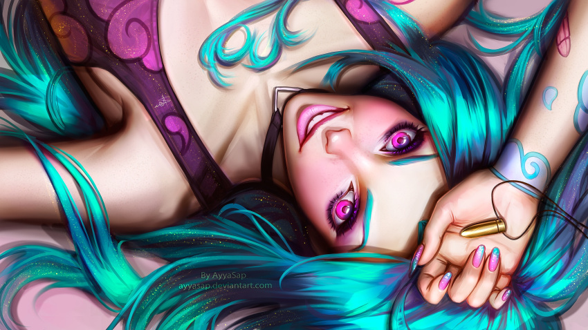 1girl :d aqua_hair arm_up armpits artist_name ayya_saparniyazova bare_shoulders bullet collarbone dress eyebrows eyeshadow fingernails grin hand_on_forehead highres holding jewelry jinx_(league_of_legends) league_of_legends long_fingernails long_hair looking_at_viewer looking_up lying makeup nail_polish necklace necklace_removed on_back open_mouth palms pendant pink_eyes pink_lips pink_nails purple_dress signature sleeveless sleeveless_dress smile solo tattoo teeth thick_eyebrows upside-down watermark web_address