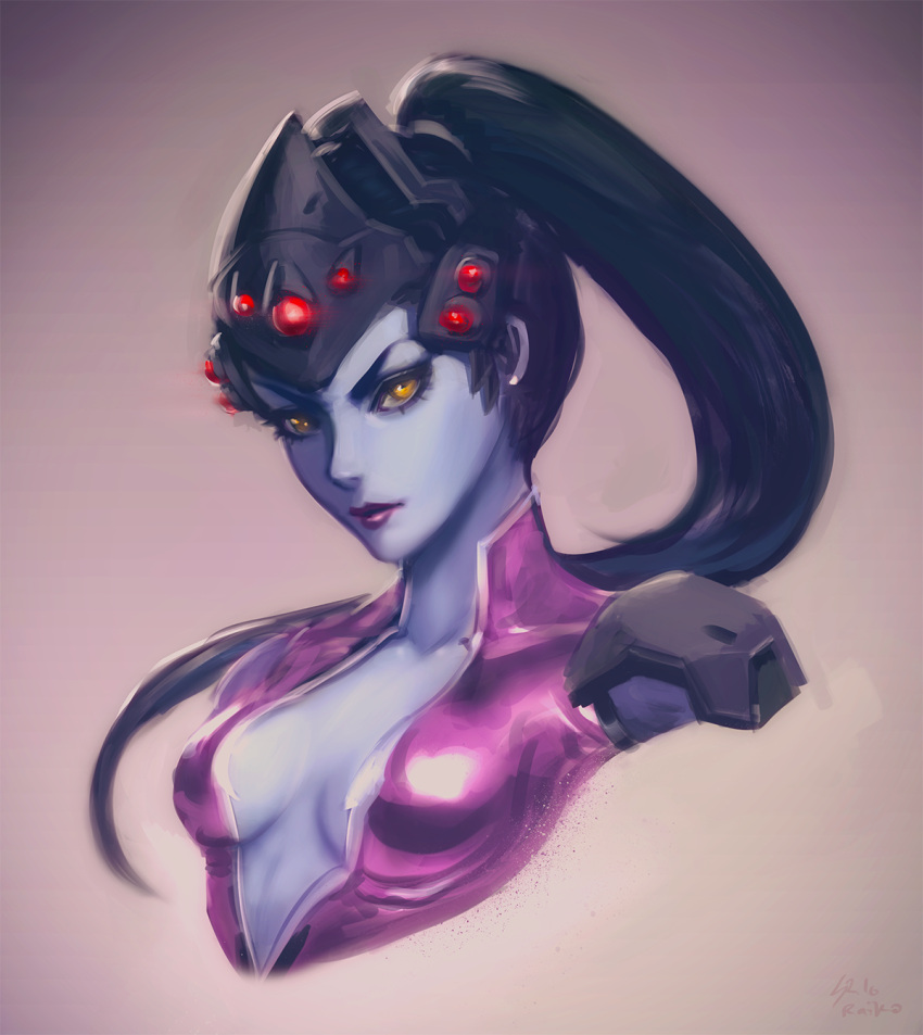 1girl black_hair bodysuit breasts center_opening eyebrows eyelashes head_mounted_display high_ponytail highres lips lipstick long_hair looking_at_viewer makeup no_bra nose overwatch ponytail purple_skin raikoart revision sideboob small_breasts solo upper_body very_long_hair widowmaker_(overwatch) yellow_eyes
