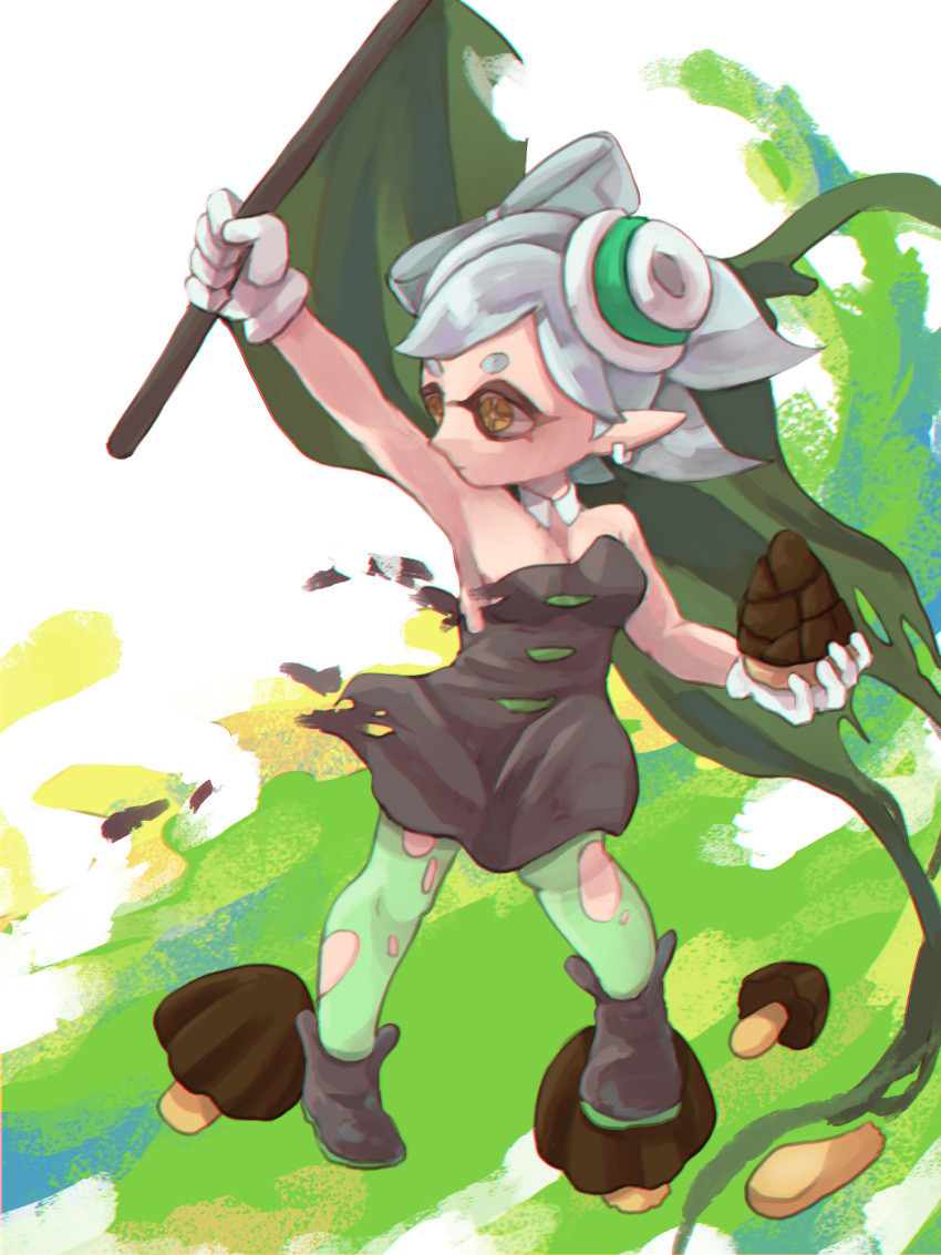 +_+ 1girl bare_shoulders black_dress breasts cleavage commentary_request detached_sleeves domino_mask dress earrings eyebrows flag food food_on_head gloves green_legwear hat highres holding hotaru_(splatoon) jewelry kinoko_no_yama mask object_on_head pantyhose pointy_ears short_hair silver_hair solo splatoon strapless symbol-shaped_pupils takenoko_no_sato_(food) tentacle_hair tentacles thick_eyebrows torn_clothes torn_pantyhose white_gloves yellow_eyes